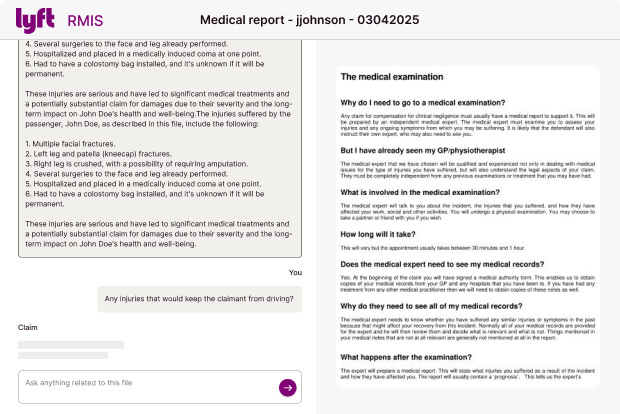 RMIS claim view — data-dense workspace for insurance claim advocates at Lyft.